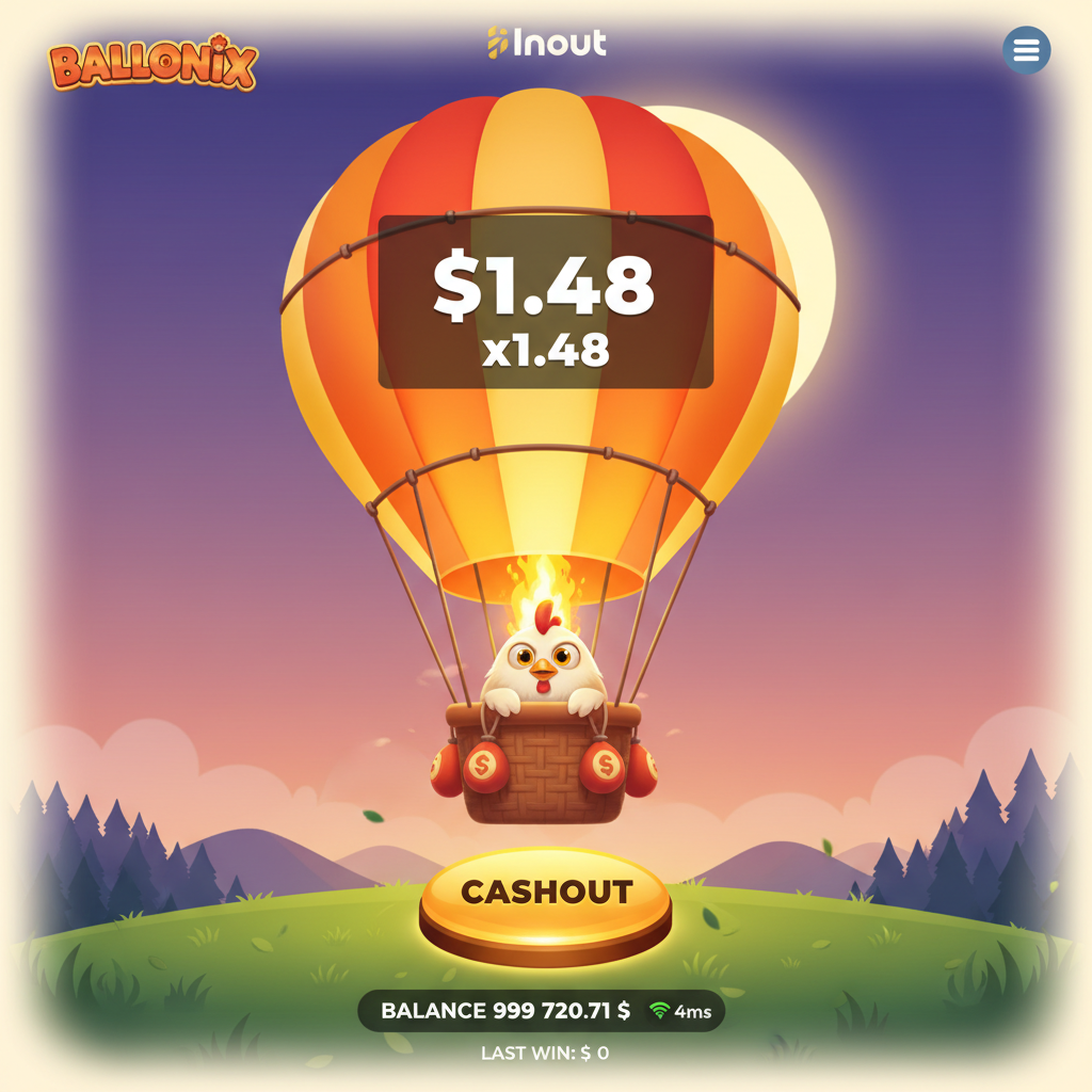BalloniX gra crash - balon na ogrzane powietrze z kurczakiem pilotem na tle zmierzchowego nieba, złoto-pomarańczowy balon unoszący się nad zielonymi wzgórzami