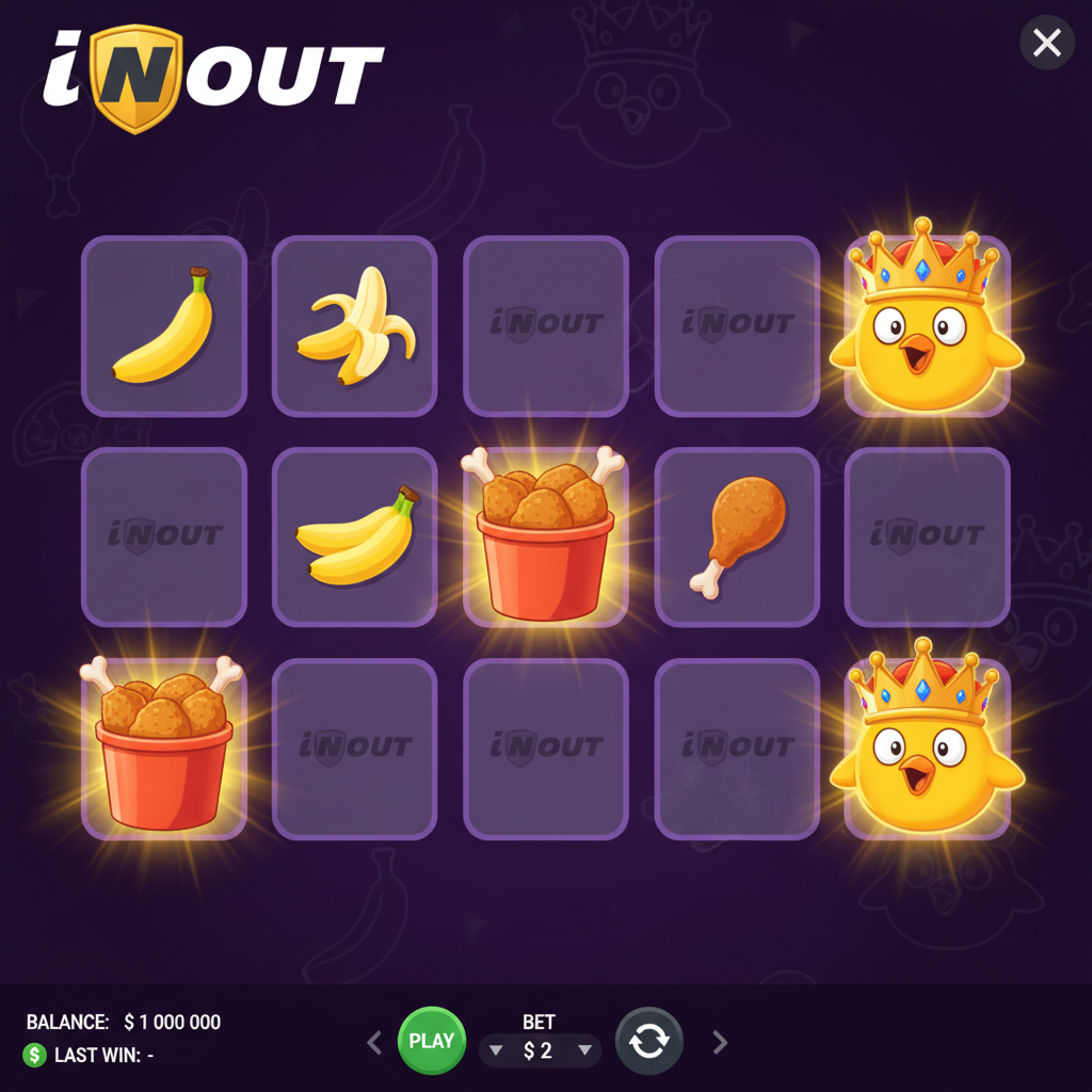 Chicken Banana slot - automatyczna gra z kurczakiem w koronie, bananami i wiadrem kurczaka na fioletowym tle, jackpot x1000