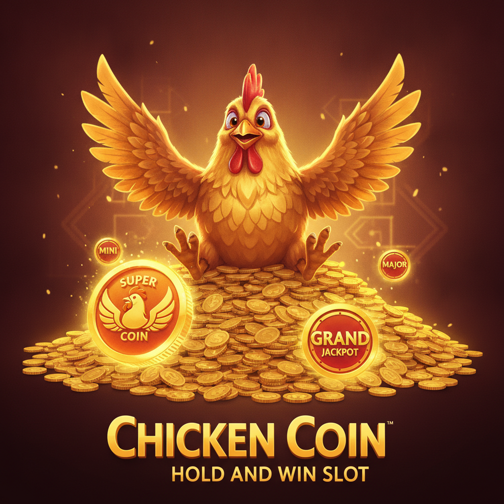 Chicken Coin Hold and Win - złoty kurczak maskotka siedząca na stosie złotych monet, automat do gier InOut z funkcją Super Chicken Coin
