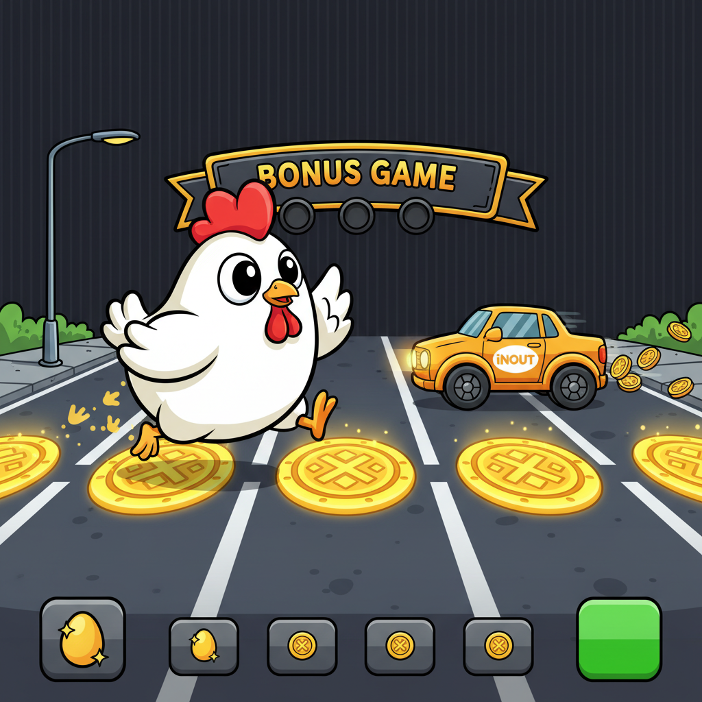 Chicken Road 2 Bonus - kreskówkowy kurczak przekracza pasy jezdni z mnożnikami na okrągłych włazach kanalizacyjnych, złote monety i czerwony bonus carpet w tle