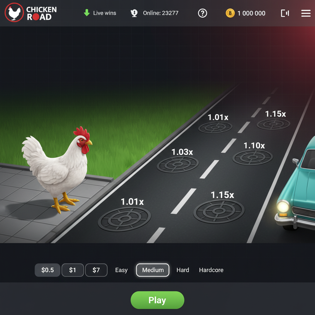Chicken Road 2 - biały kurczak przechodzący przez niebezpieczną jezdnię z widocznymi studzienkami kanalizacyjnymi zawierającymi mnożniki od 1.01x do 1.19x, gra hazardowa InOut Games