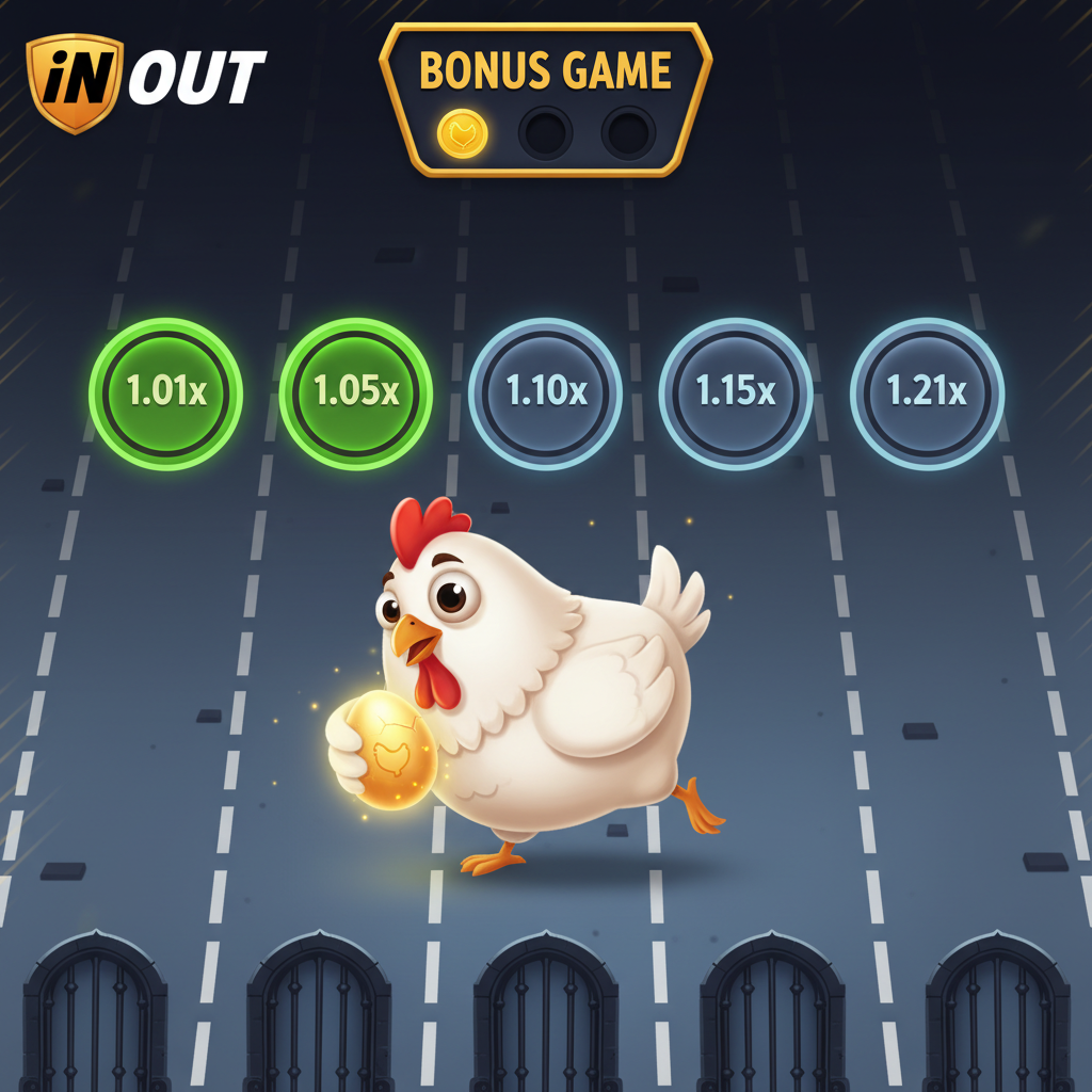 Chicken Road Bonus - kreskówkowy biały kurczak z czerwonym grzebieniem przekracza pasy drogowe z zielonymi kołami mnożników i złotym jajkiem, gra InOut Games
