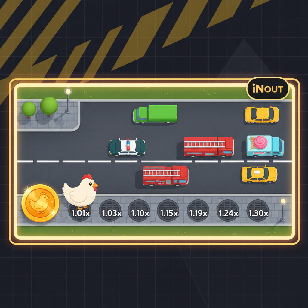 Chicken Road - biały kurczak kreskówkowy przekraczający wielopasmową autostradę widziany z góry, unikający samochodów w grze crash, kolorowe pojazdy, widok perspektywa top-down
