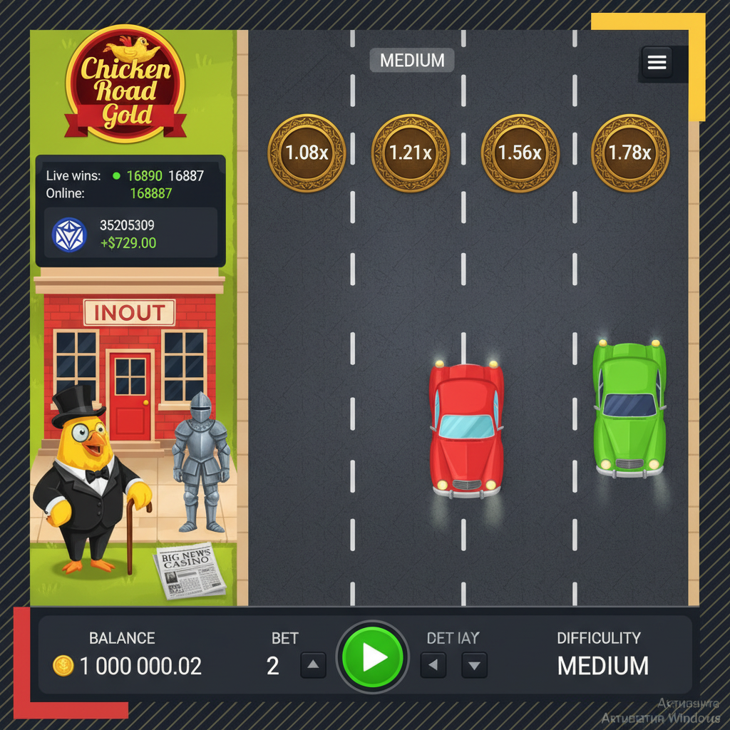 Chicken Road Gold - elegancki kogut w cylindrze i monoklu w stylu Art Deco, złote monety z mnożnikami, luksusowa gra kasynowa z motywem przekraczania drogi