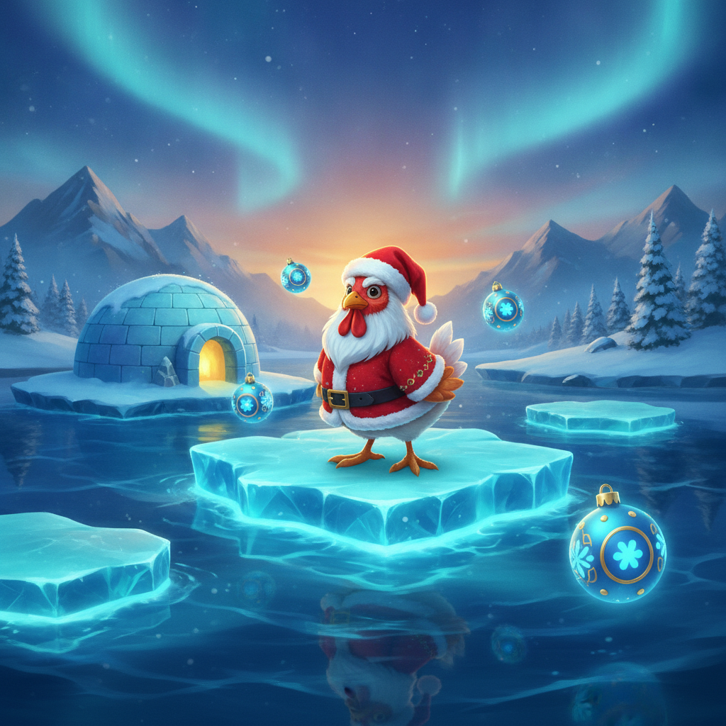 Chicken Road Ice - kurczak w czerwonej czapce Mikołaja i szaliku ze śnieżynką stoi na lodowych płytach nad wodą, arktyczny krajobraz z igloo, zimowa gra hazardowa od InOut