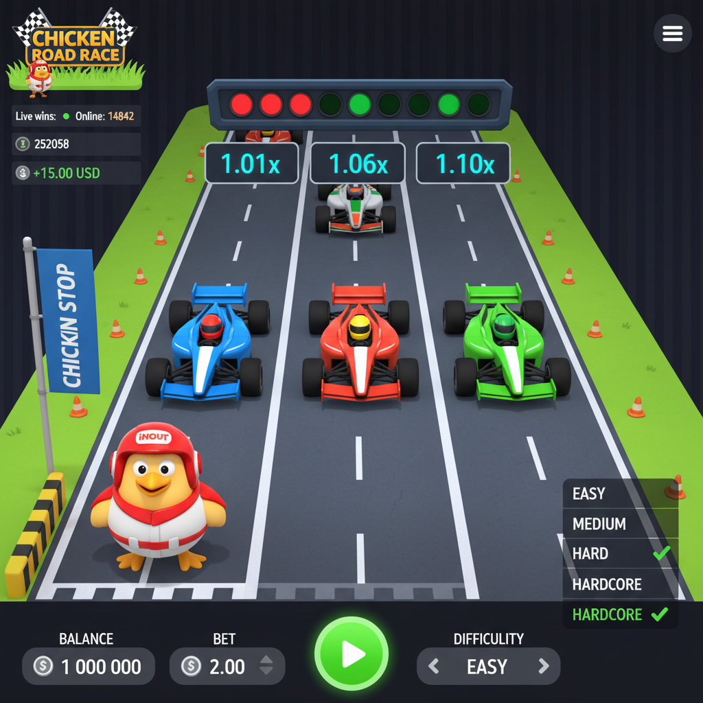 Chicken Road Race - maskotka kurczaka w czerwonym kasku wyścigowym na autostradzie widziana z góry, wielopasmowa droga z bolidami F1 jako przeszkodami