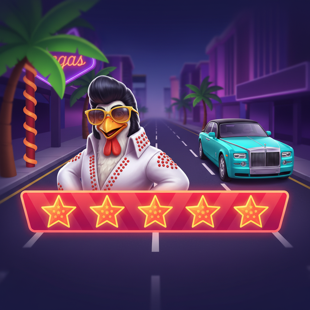 Chicken Road Vegas - kurczak w stroju Elvisa z złotymi okularami przechodząc przez neonową autostradę Las Vegas, wokół luksusowe auta cyan i fioletowe tło z palmami, pomarańczowe gwiazdki z mnożnikami 1.01x do 1.15x