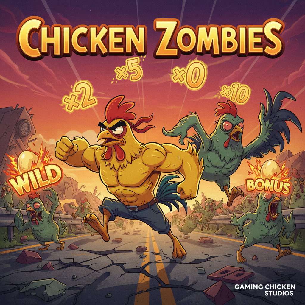 Chicken Road Zombies slot - odważny kurczak przechodzi przez apokaliptyczną autostradę pełną zombie, grafika slotu z symbolami dzikich zombie i mnożników