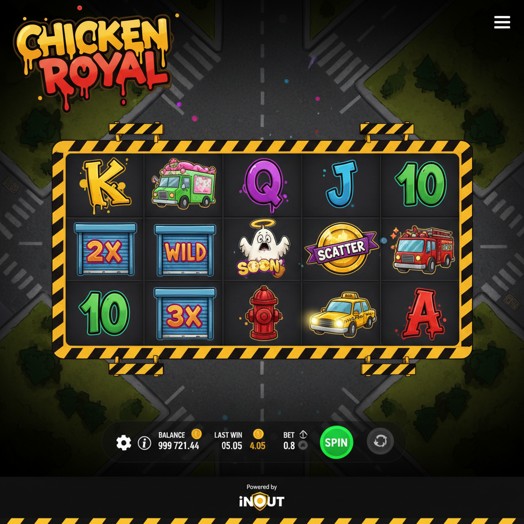 Chicken Royal slot InOut - miejska siatka bębnów 5x3 z graffiti, symbolami pojazdów (taxi, policja, straż pożarna), kurczakiem i symbolami Wild na tle ulicy z pasami ostrzegawczymi