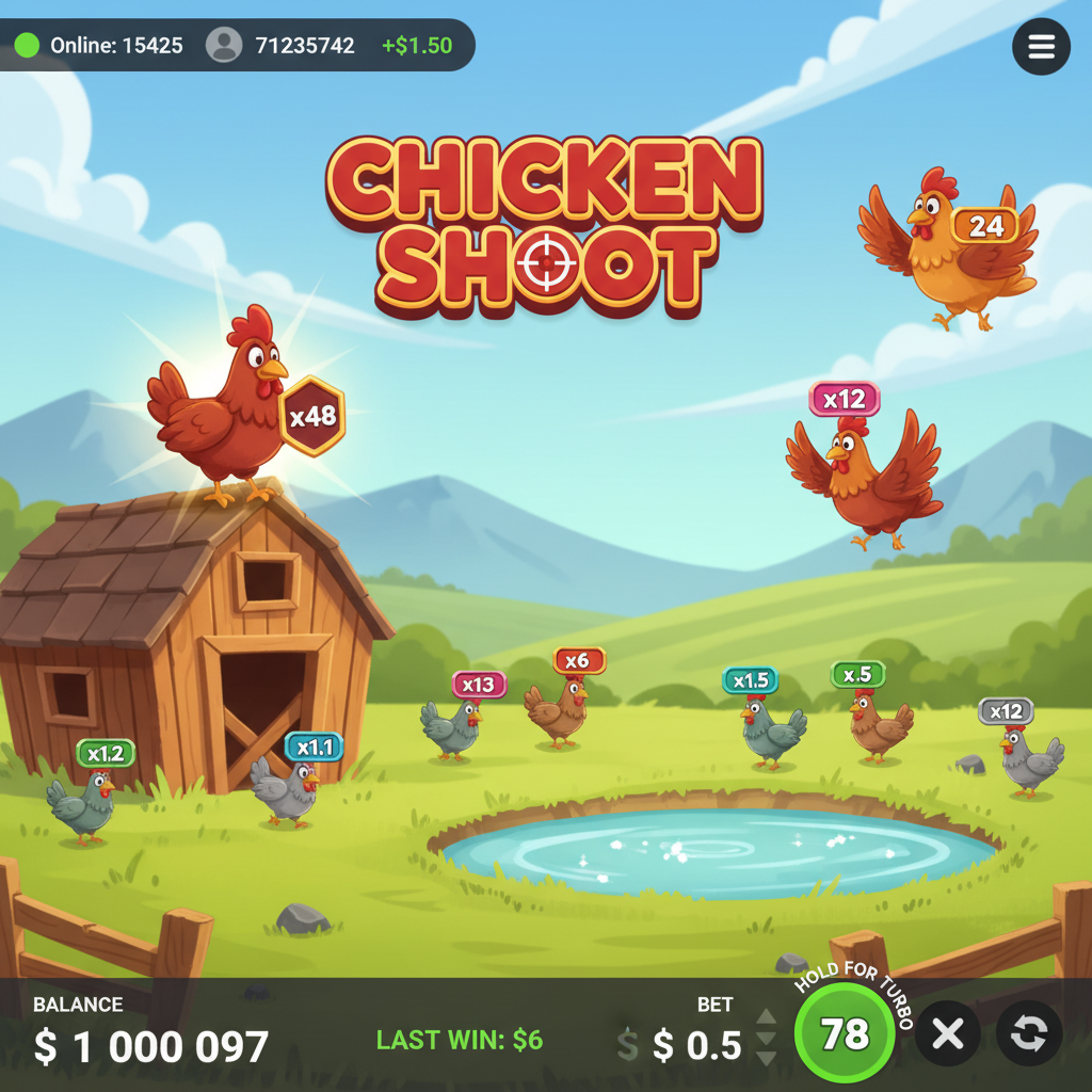 Chicken Shoot - farmowa gra w kurczaki z mnożnikami od x1.1 do x48, celownik na kurczaku z czerwonym grzebieniem na tle zielonej farmy