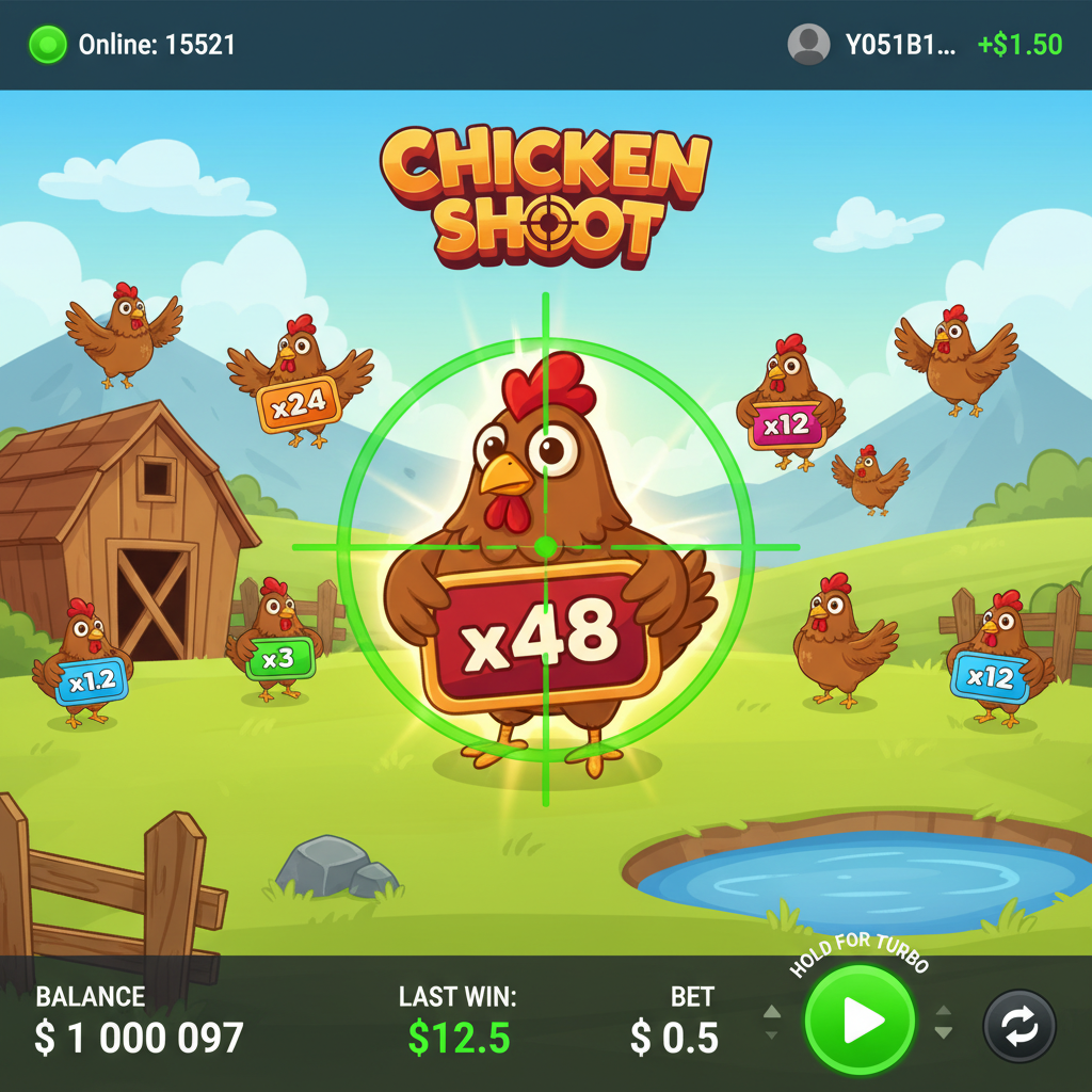 Chicken Shoot slot game - găini desenate animate cu multiplicatori x48, x24, x12 pe o fermă colorată cu țintă crosshair, joc instant win de la InOut